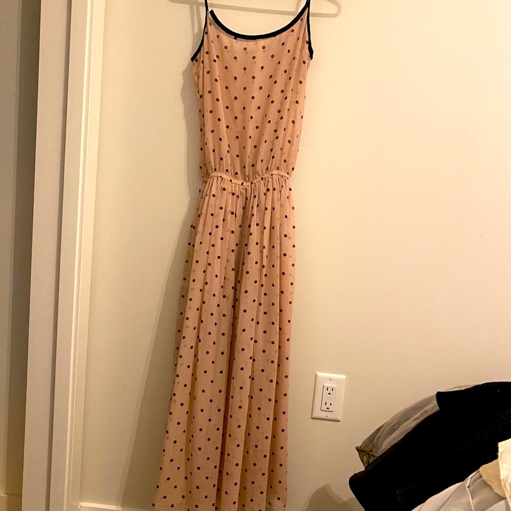 Long pink and black polka dot dress